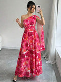 Close-up of split sleeve detail on elegant floral dress