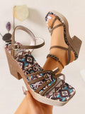 Brown ankle strap platform sandal with wood-look chunky heel