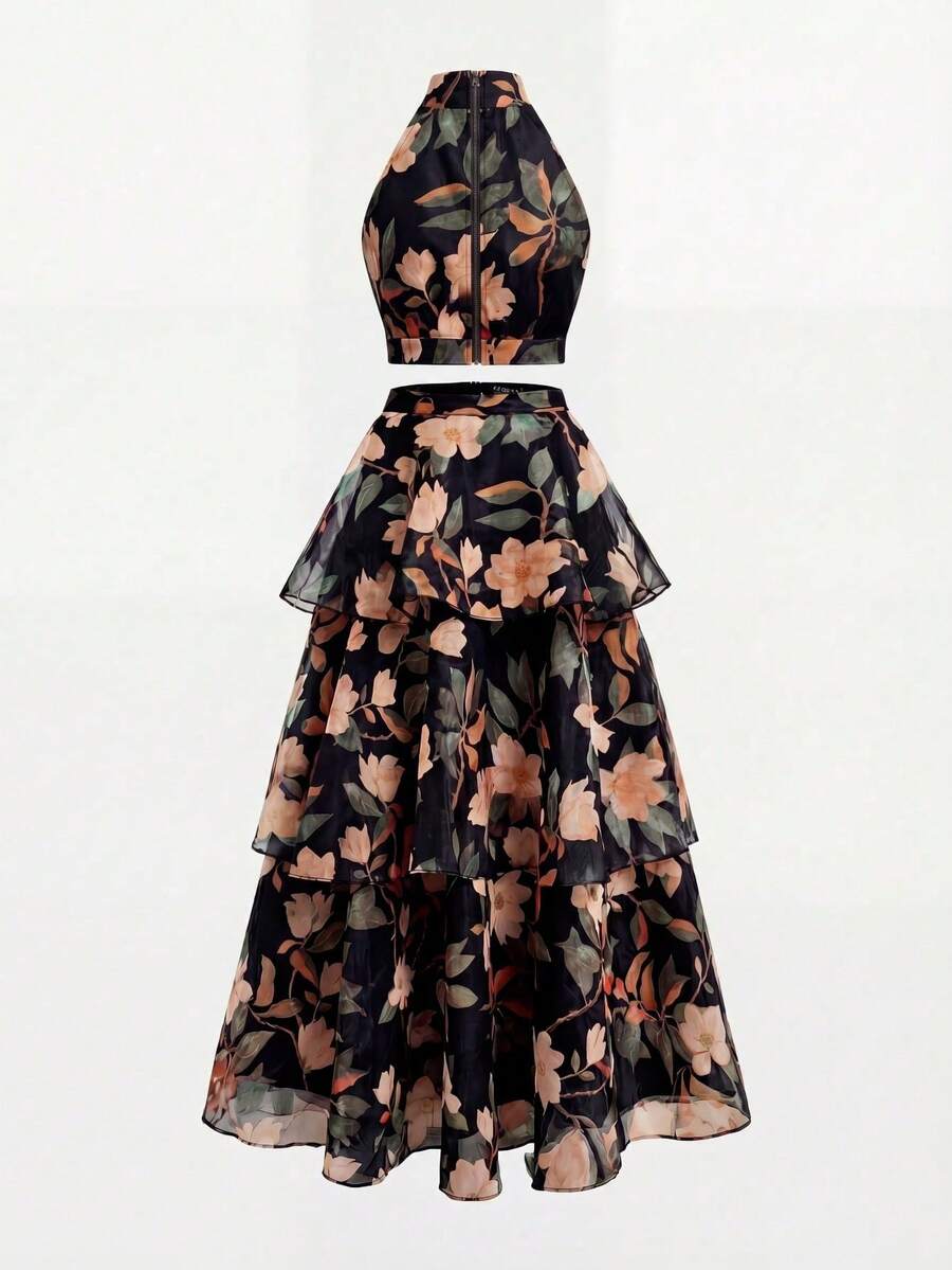 Front view of salmon botanical crop top and layered maxi skirt set