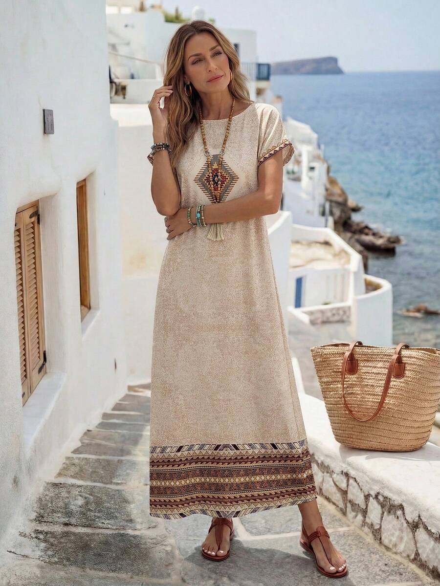 Front view of beige geometric border print maxi dress with short sleeves
