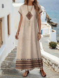 Back view of beige border print maxi dress with decorated hem and sleeves