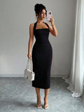 Black halter bodycon midi dress front view