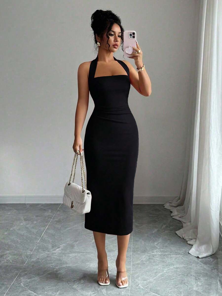 Black halter bodycon midi dress front view