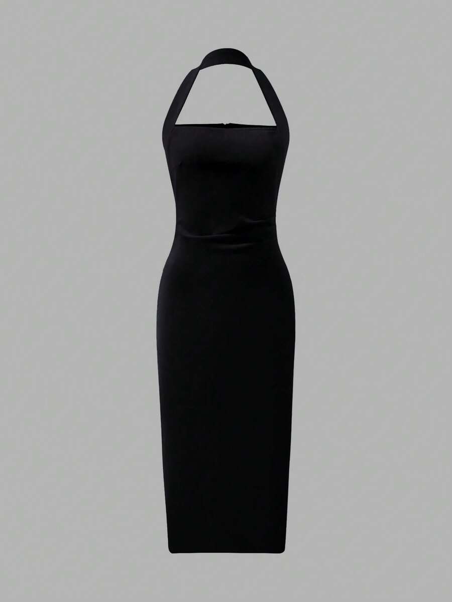 Back view black halter midi dress