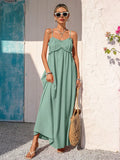 Sage green spaghetti-strap ruffle bust maxi sundress front view