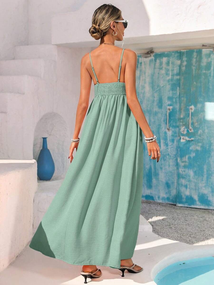 Back view sage green maxi sundress with adjustable straps and smocked back