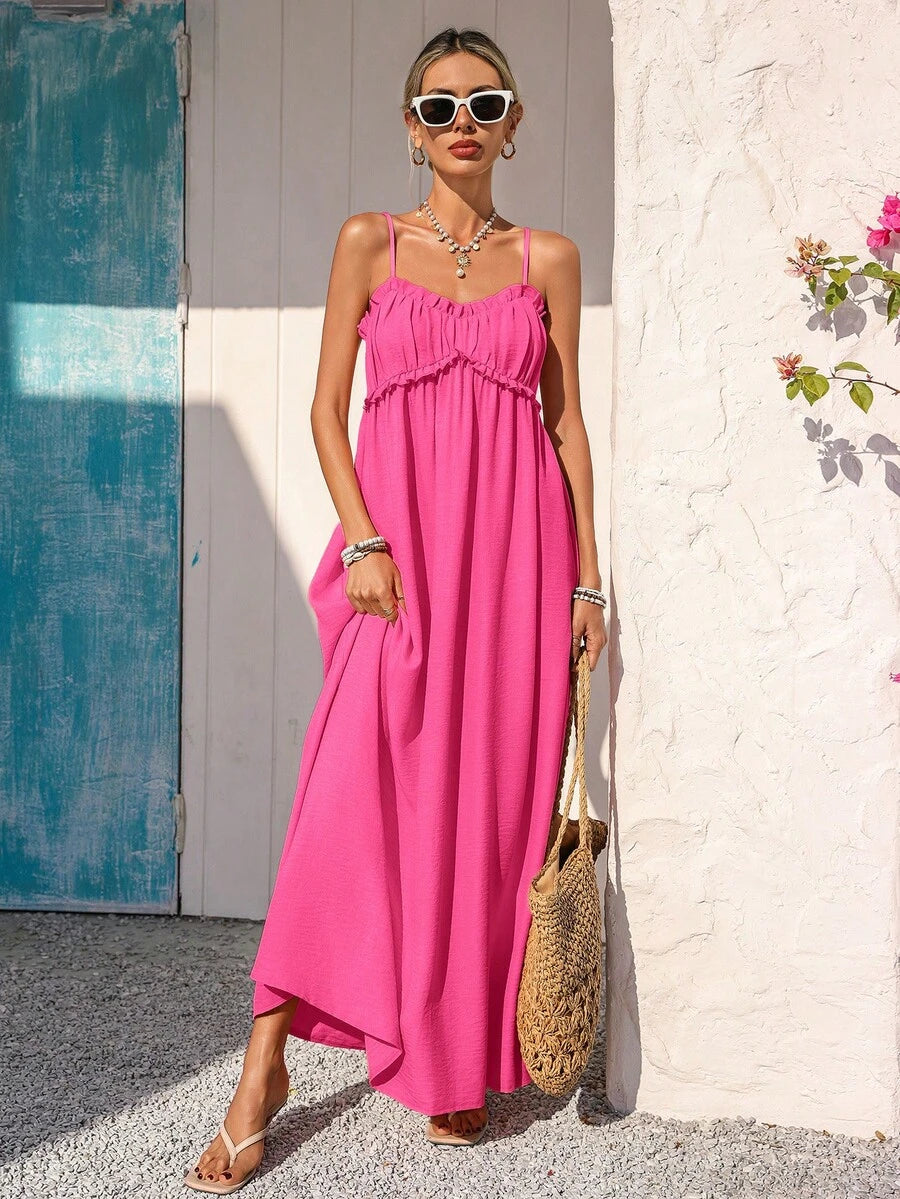 Hot pink spaghetti-strap ruffle bust maxi sundress front view