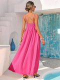 Back view hot pink maxi sundress with adjustable straps and smocked back