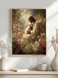A framed art print depicting Jesus embracing a white lamb in a field of flowers, displayed on a light wall above a shelf with decorative vases and a mug.