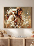 A framed art print depicting Jesus carrying a white lamb through white flowers, displayed on a beige wall above a light wood console table with decorative items.