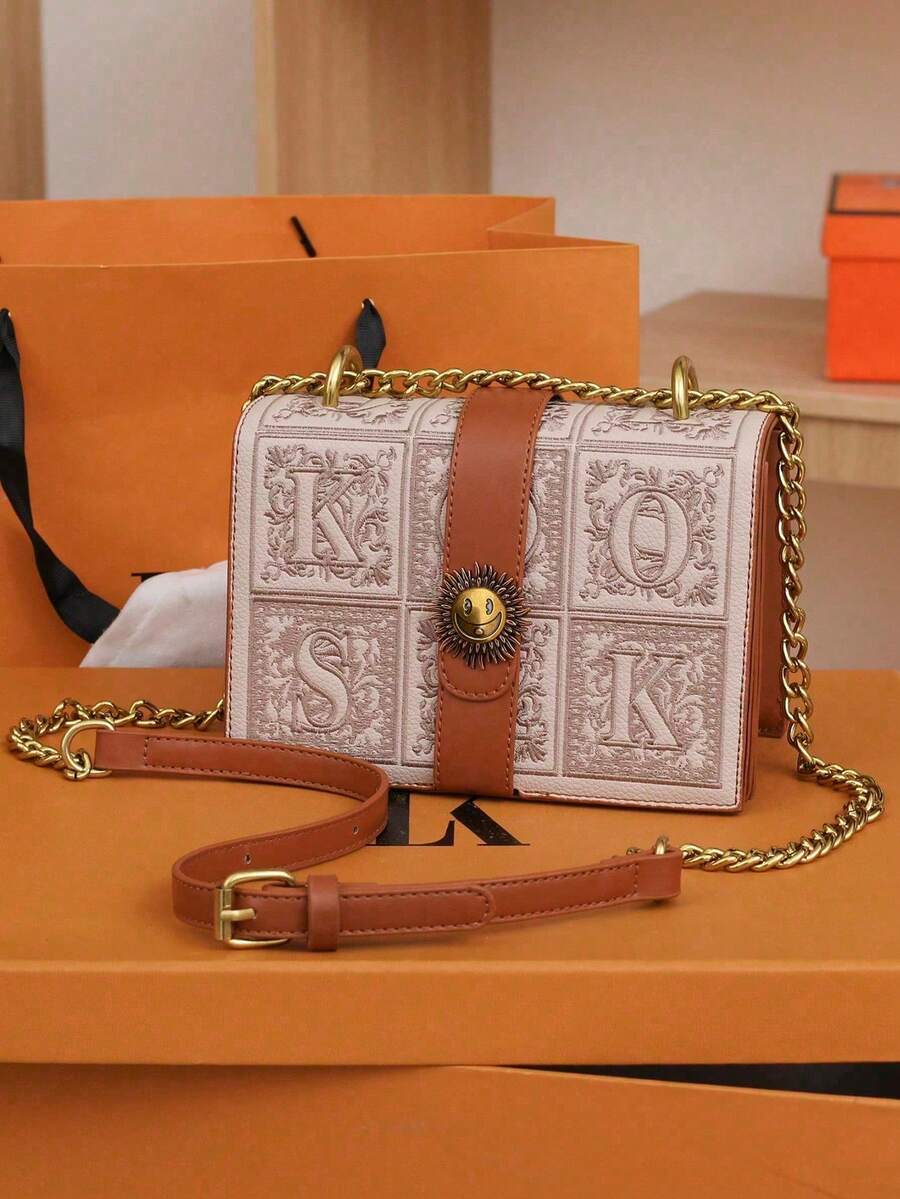 Back view of black retro crossbody bag with leather-look panel