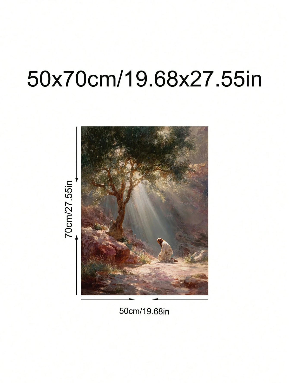A wall art print preview on a white background with size text above and dimensions labeled around the artwork: 50x70cm / 19.68x27.