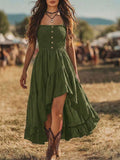 Rust orange spaghetti strap boho dress with high low skirt and button front