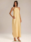 Yellow halter satin maxi dress view 3