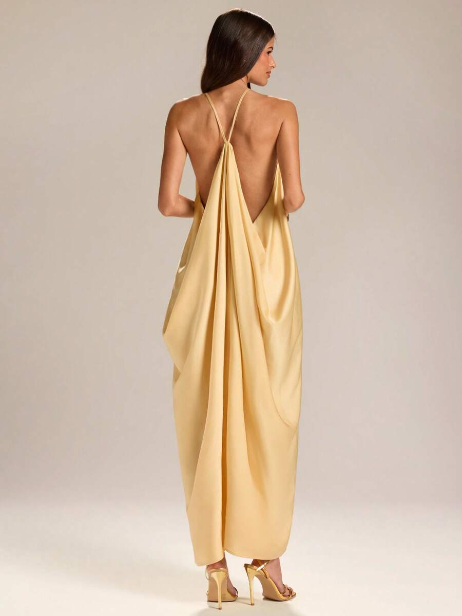 Yellow halter satin maxi dress view 4