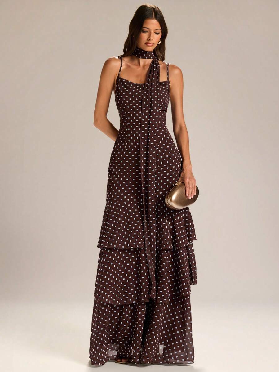 Brown chiffon maxi dress view 3