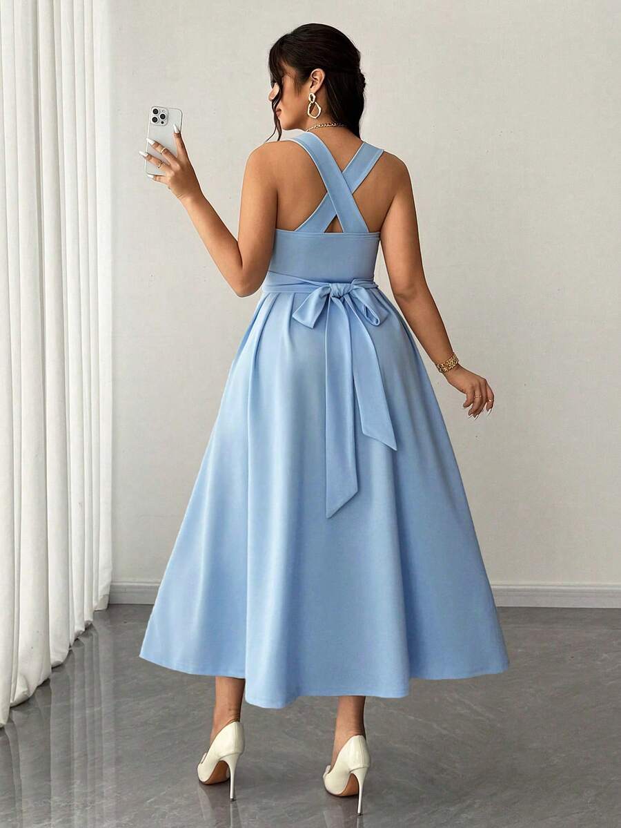 Front view of baby blue plus size wedding guest midi dress with sweetheart neckline