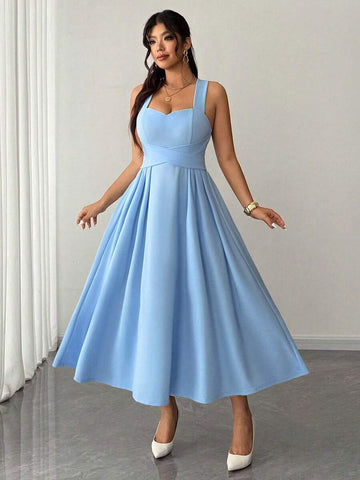 Front view of baby blue plus size wedding guest midi dress with sweetheart neckline