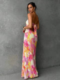 Pink yellow strapless maxi dress with open bow back