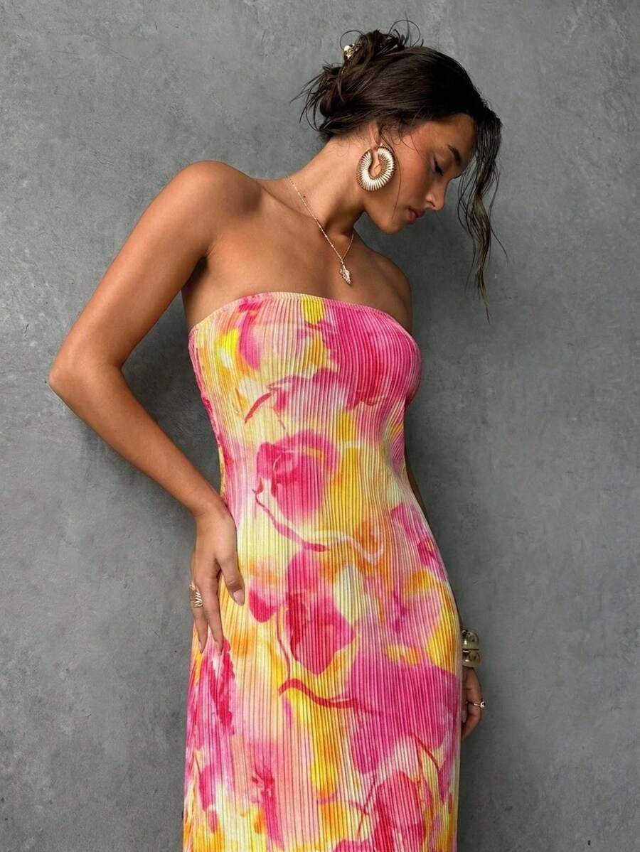 Pink yellow pleated tube maxi dress side view