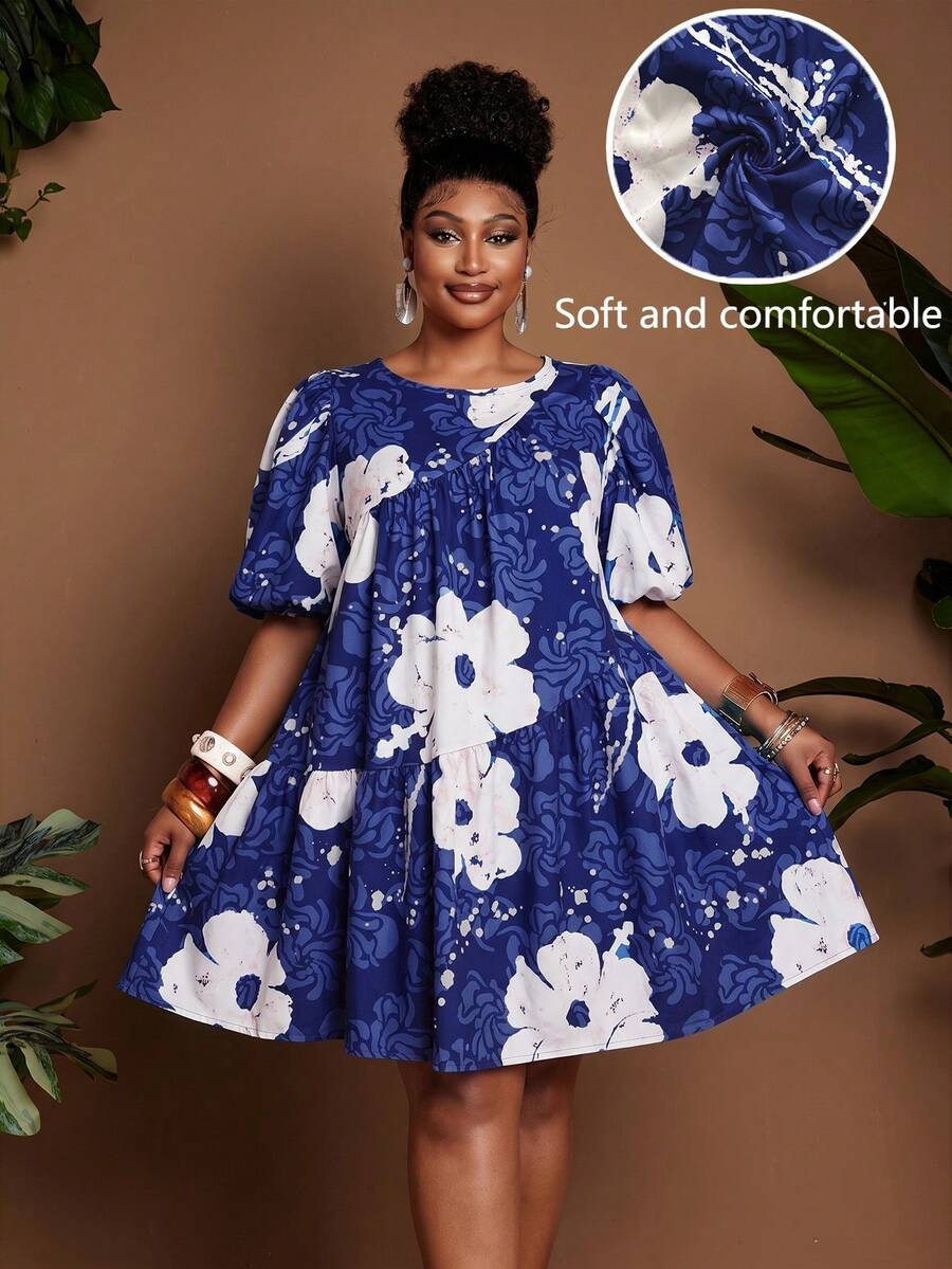 Image 4 - fabric detail of Chic Plus Size Women's Summer Travel Dress with Lantern Sleeves and Ruched A-Line Design