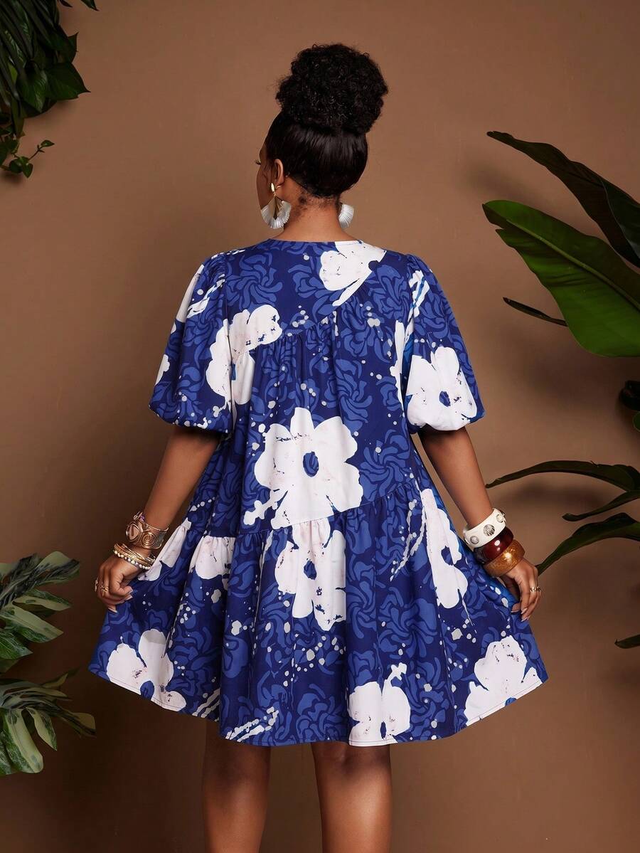 Image 5 - neckline detail of Chic Plus Size Women's Summer Travel Dress with Lantern Sleeves and Ruched A-Line Design