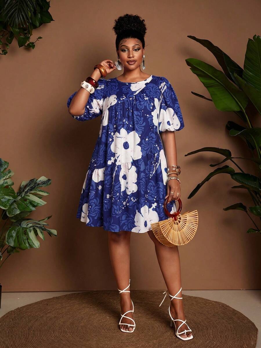 Image 6 - full length view of Chic Plus Size Women's Summer Travel Dress with Lantern Sleeves and Ruched A-Line Design