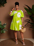 Image 9 - waist detail of Chic Plus Size Women's Summer Travel Dress with Lantern Sleeves and Ruched A-Line Design