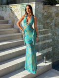 Blue teal tie dye halter cutout maxi dress