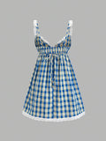 Side angle of pleated blue mini dress for beach and date styling