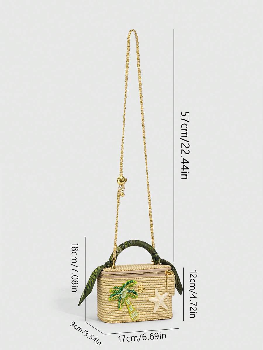 Open tropical mini handbag with beige chevron lining and zip-around top