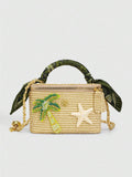 Woven beach box bag showing beaded palm tree applique and cream starfish charm
