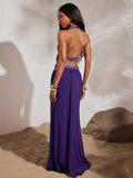 Purple halter cutout evening dress back view