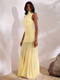 Pale yellow high neck ruched mesh maxi dress front view