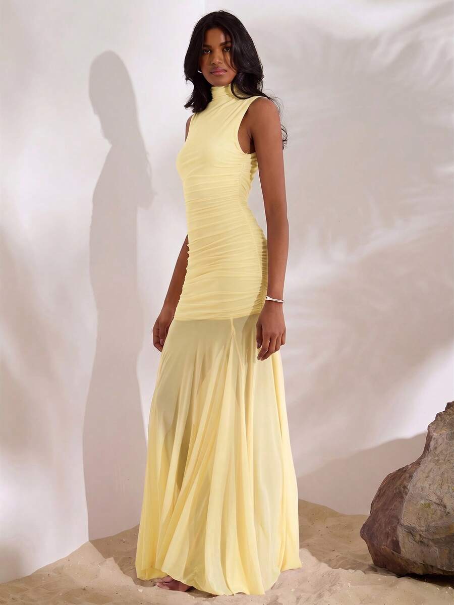 Pale yellow high neck ruched mesh maxi dress front view