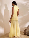 Yellow sleeveless mermaid mesh dress side view