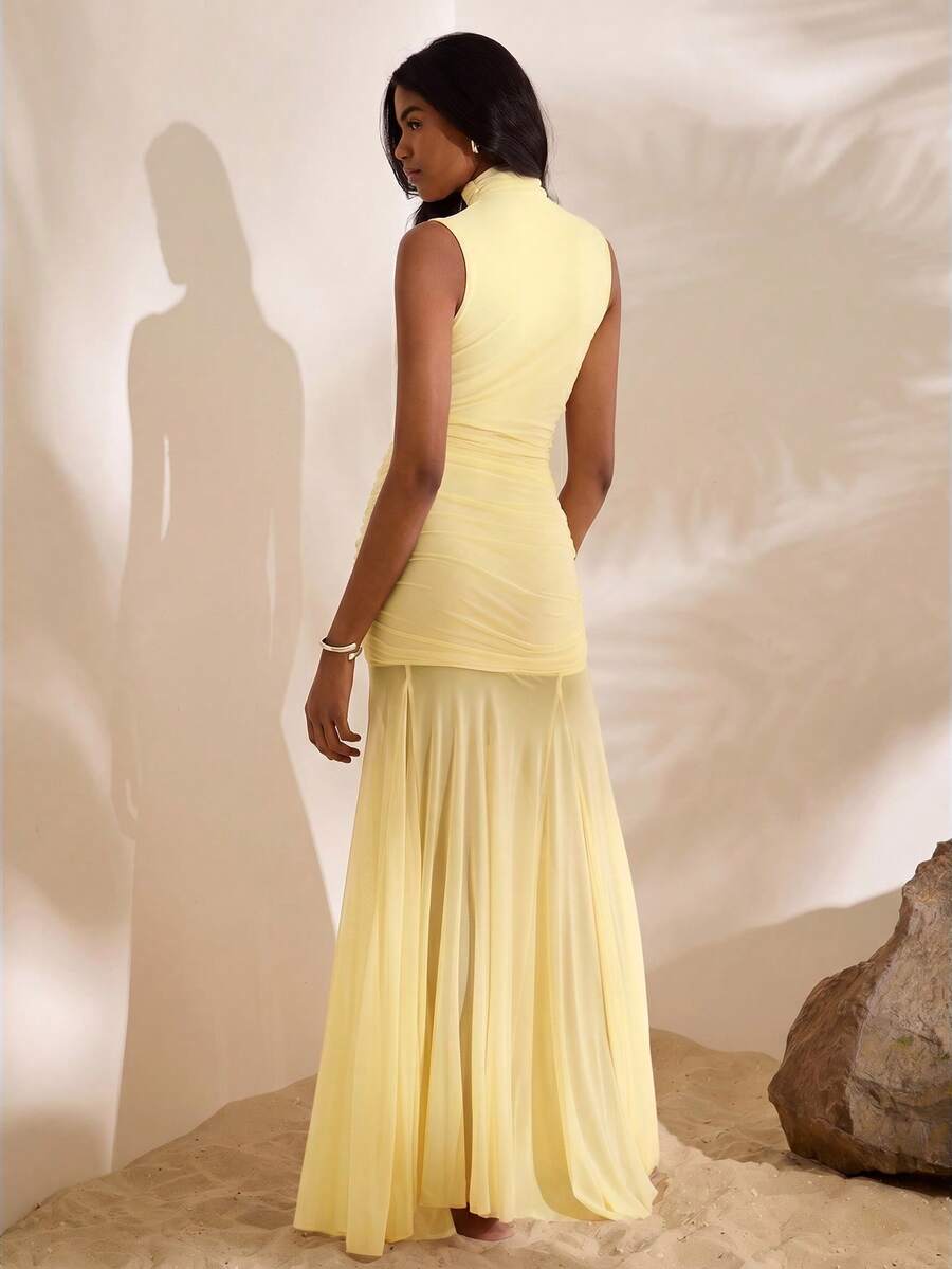 Yellow sleeveless mermaid mesh dress side view
