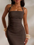 Chocolate brown halter ruched open back maxi dress front view
