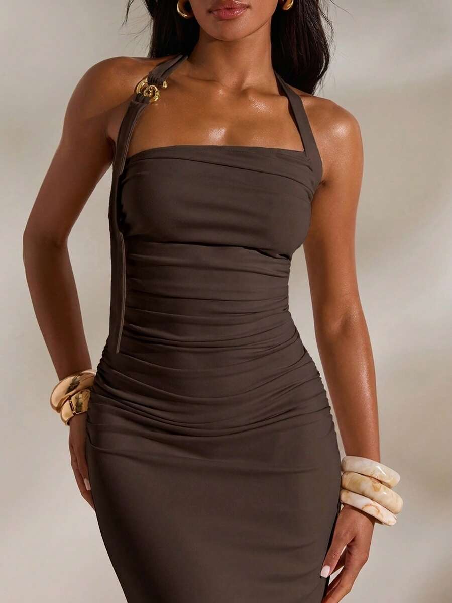 Chocolate brown halter ruched open back maxi dress front view