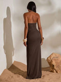 Brown open back ruched maxi dress side view