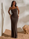 Brown halter ruched maxi dress full length view