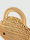 Open wicker whale bag with beige fabric lining and snap closure