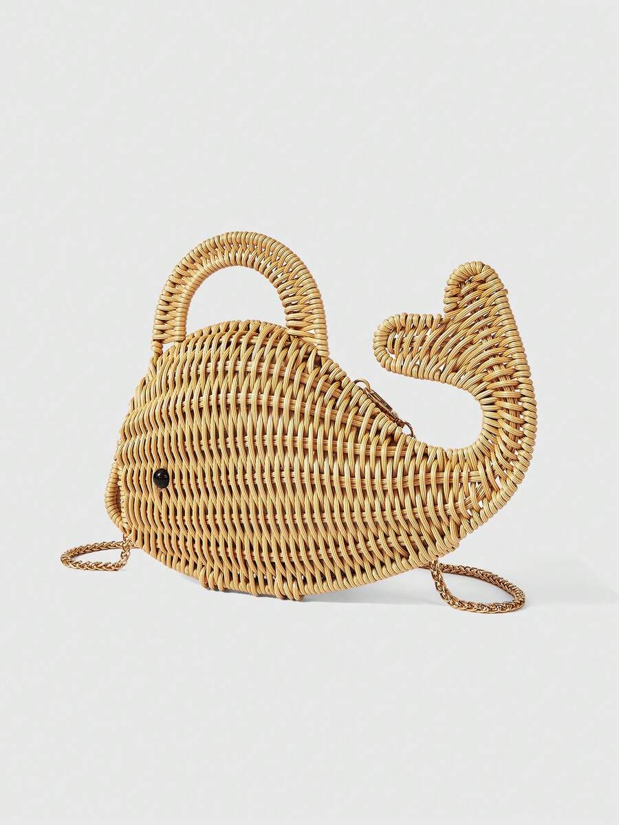 Woven whale handbag showing black bead eye and gold chain strap
