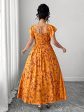 Image 2 - side profile of Elegant Plus Size Summer Dress with French Square Collar and Ruffle Sleeves - Perfect for Casual & Cocktail Occasions