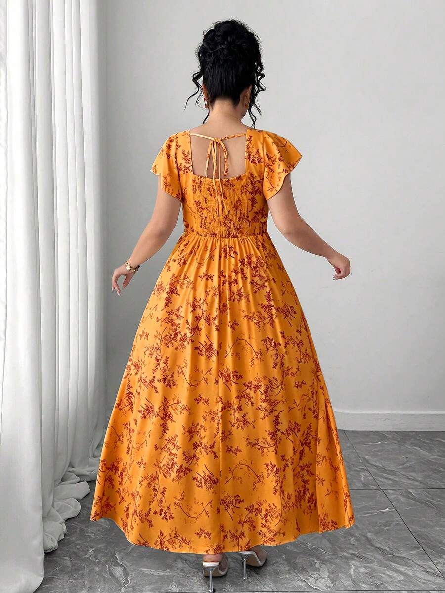 Image 2 - side profile of Elegant Plus Size Summer Dress with French Square Collar and Ruffle Sleeves - Perfect for Casual & Cocktail Occasions