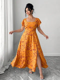 Image 1 - front view of Elegant Plus Size Summer Dress with French Square Collar and Ruffle Sleeves - Perfect for Casual & Cocktail Occasions