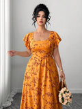 Image 3 - back view of Elegant Plus Size Summer Dress with French Square Collar and Ruffle Sleeves - Perfect for Casual & Cocktail Occasions