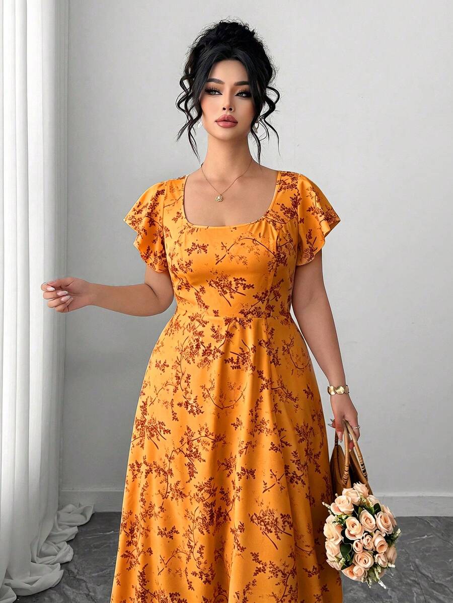 Image 3 - back view of Elegant Plus Size Summer Dress with French Square Collar and Ruffle Sleeves - Perfect for Casual & Cocktail Occasions