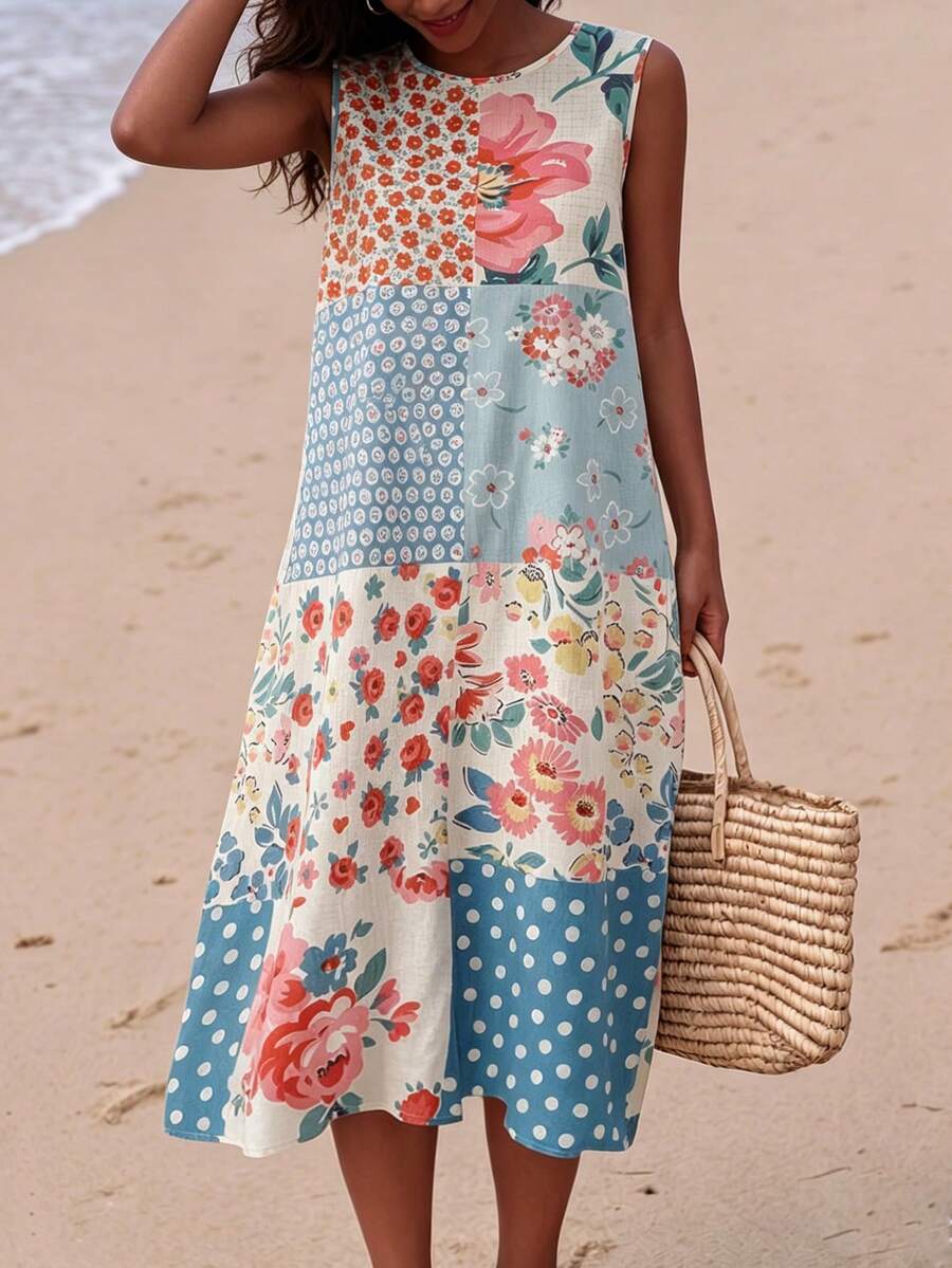 Sleeveless patchwork floral midi dress front view on seaside walkway with relaxed resort style