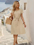 Detail view of Women's Casual Solid Color Mini Dress with Waist Tie - Perfect Summer Style for women dress styling